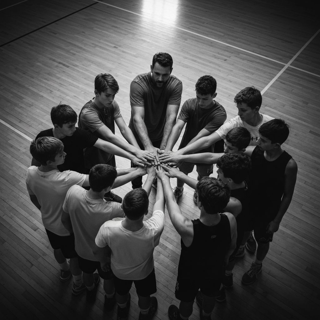 Coach and athletes in a team huddle